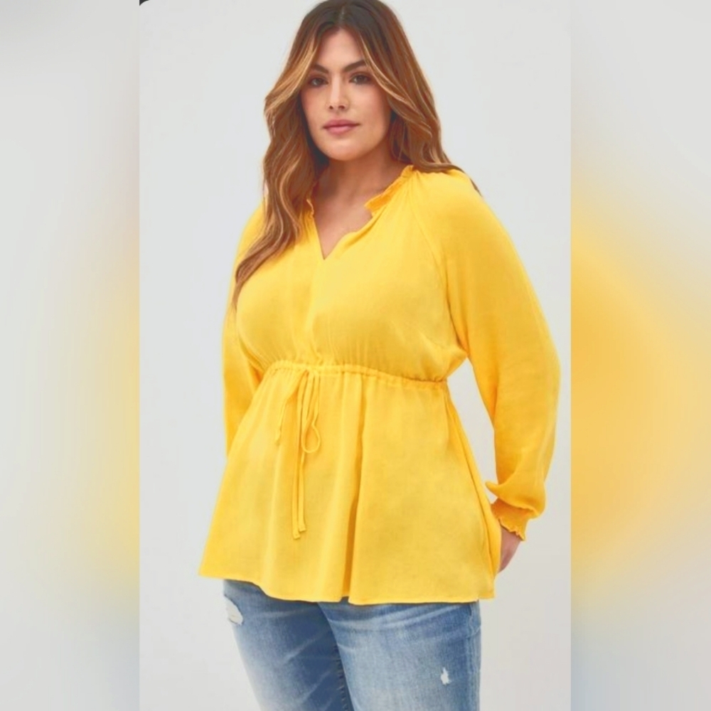 Torrid Rayon Crepe Tie Waist Peasant Top Yellow Mustard NWT, Sz 1X